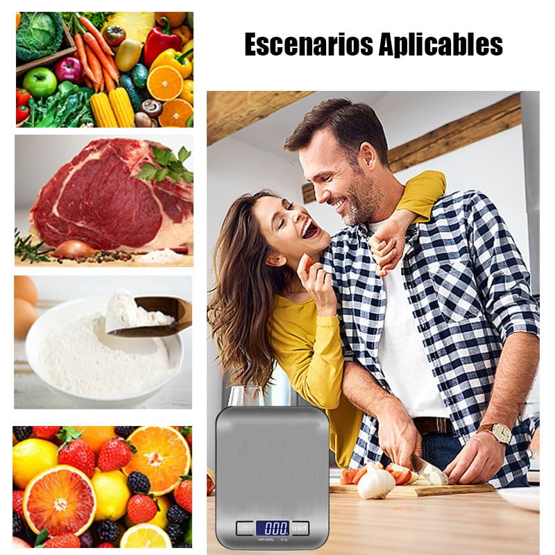 Báscula Cocina Digital USB Recargable, Báscula de Acero Inoxidable con Pantalla LCD para 10kg/22 lbs, Balanza de Alimentos Multifuncional para Cocina (Incluye 2 Baterías AAA) (USB-10KG- Plateado)