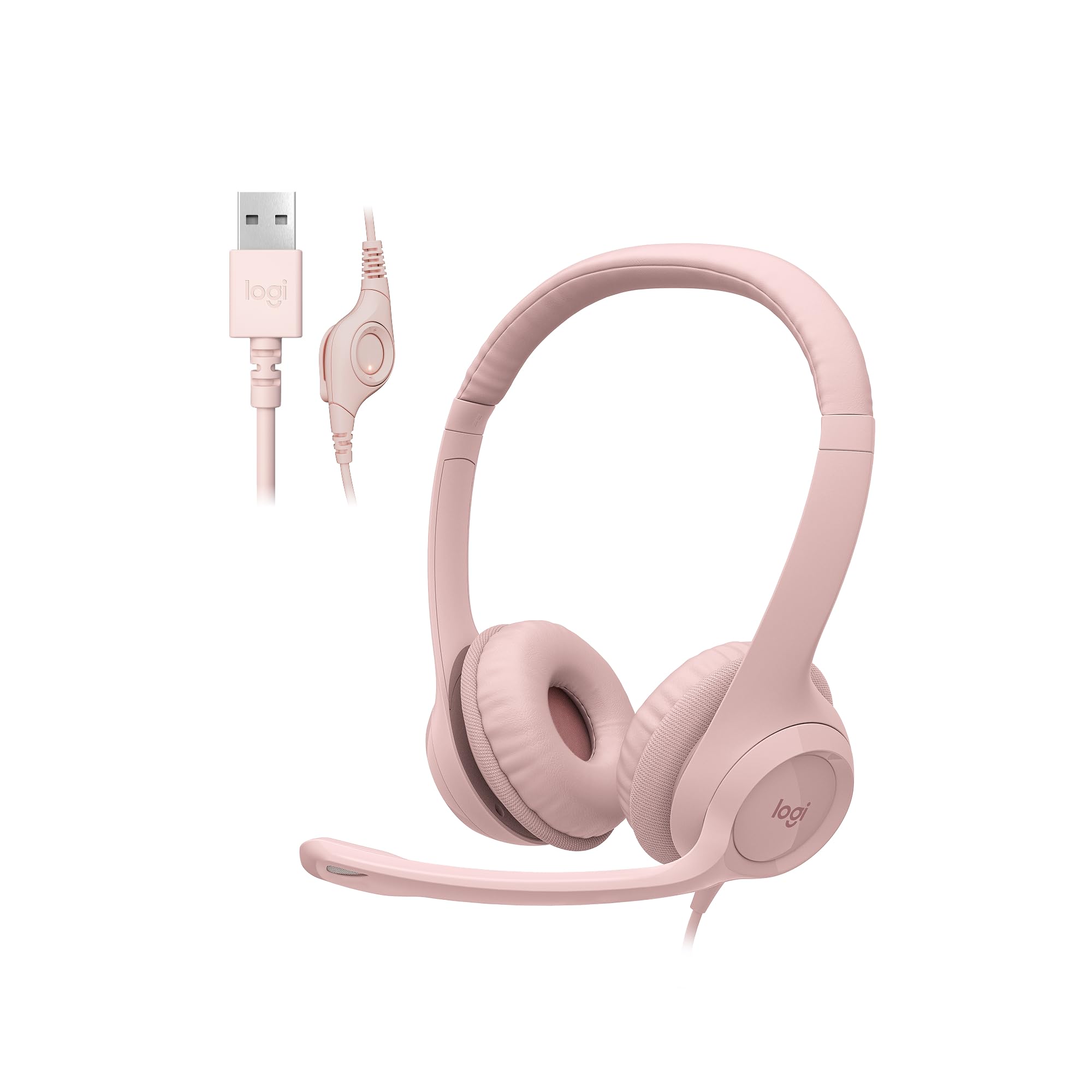 Logitech H390 Headsets con Cable para PC/Laptop, Auriculares estéreo con micrófono y cancelación de Ruido, USB-A, Controles directos, Funciona con Chromebook - Rosa