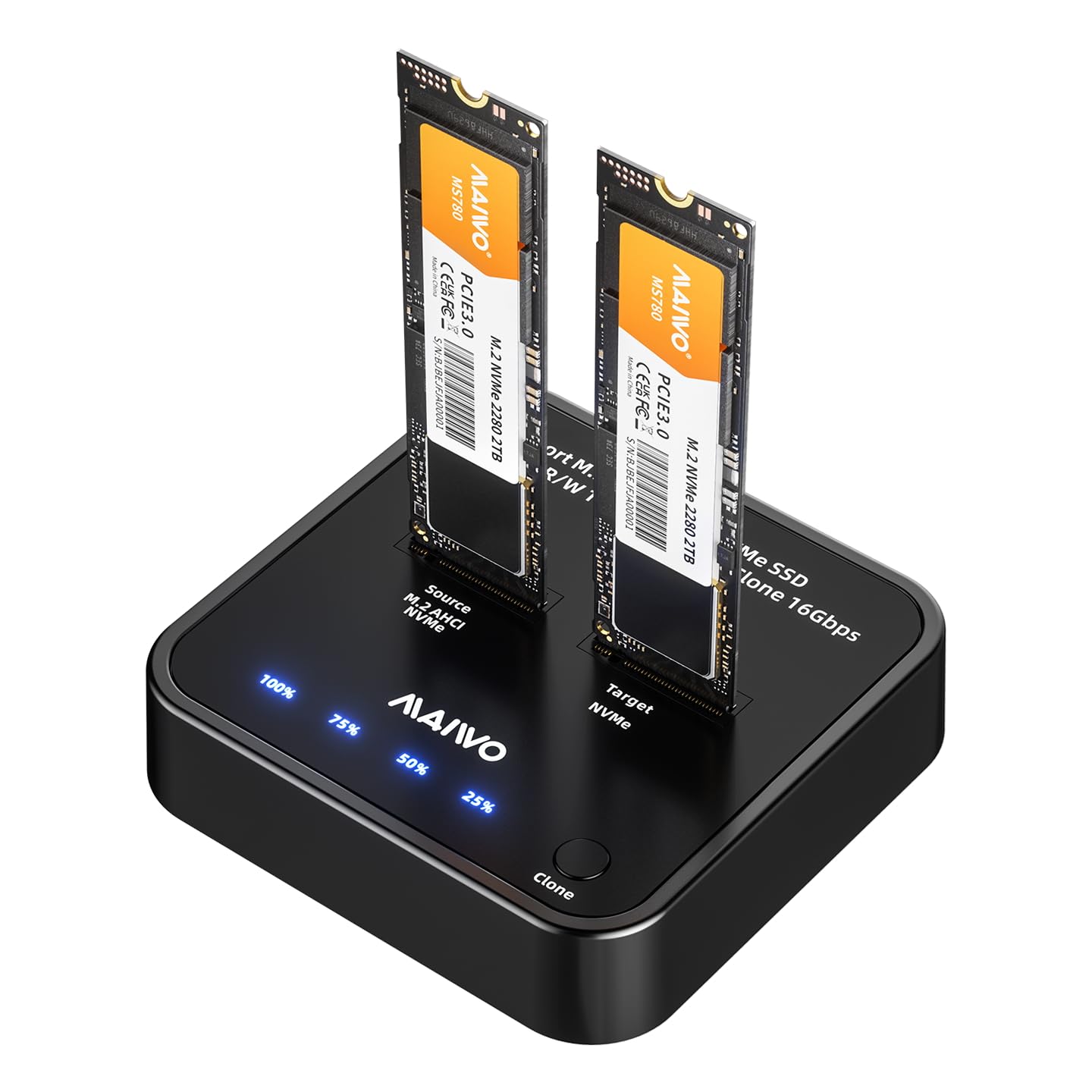 MAIWO Clonador NVMe Duplicador M.2 para PCIe NVMe M-Key SSD, Velocidad de Clonación de 16Gbps, Acceso a Dos SSD Simultáneamente, Estación de Acoplamiento de Unidades de Disco Duro de Doble Bahía con