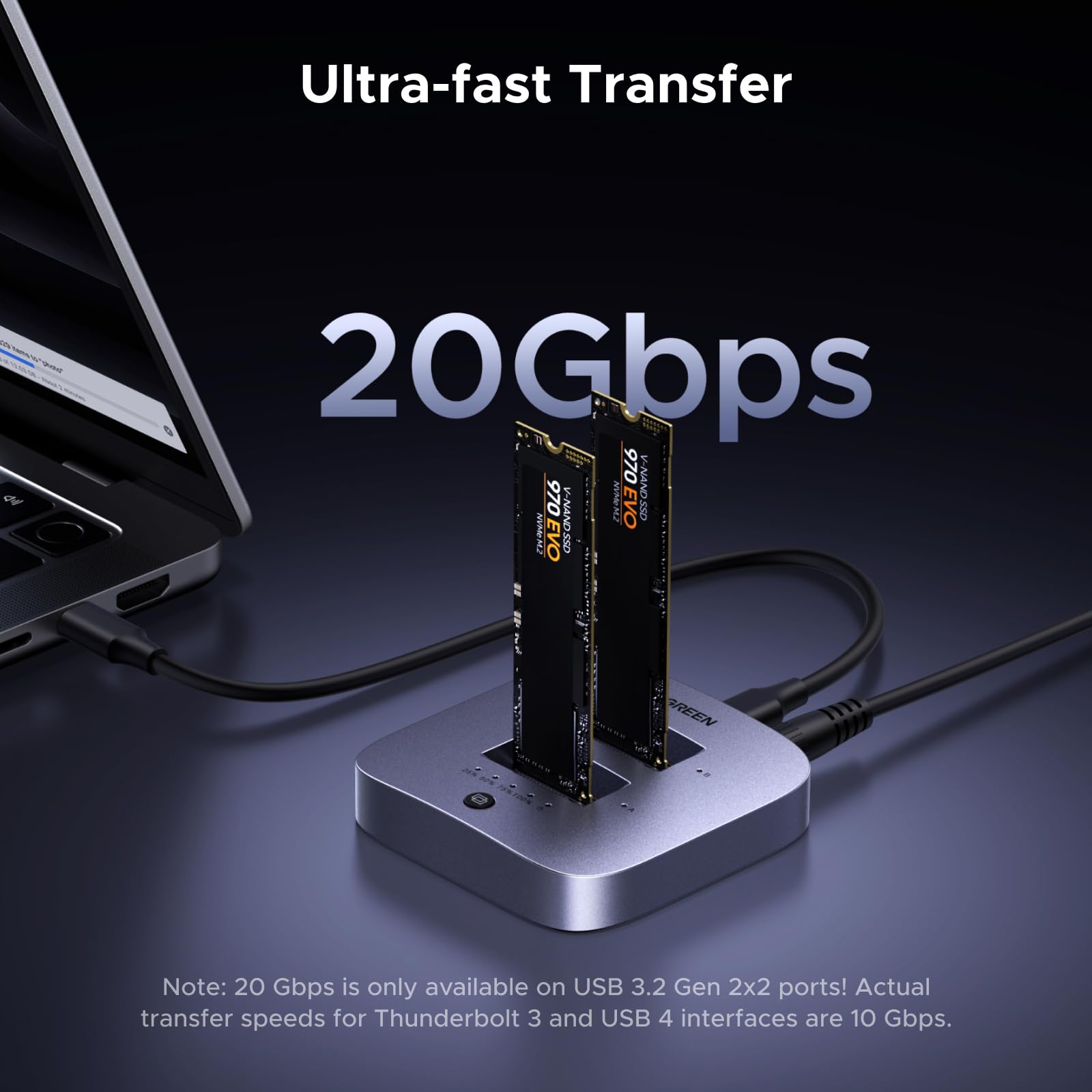 UGREEN Clonador de 20 Gbps, M.2 duplicador de doble bahía NVMe, adaptador USB3.2 Gen 2X2 a USB sin herramientas M.2 estación de acoplamiento para lector M Key PCIE NVMe SSD compatible con clon sin