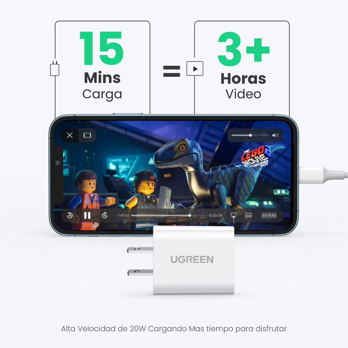 UGREEN 20W Cargador Pared USB Tipo C con 1M Cable Lightning, Portátil Compatible con iPhone 14 13 12 11 Pro MAX, iPad 2020, Galaxy S21 S20 Ultra