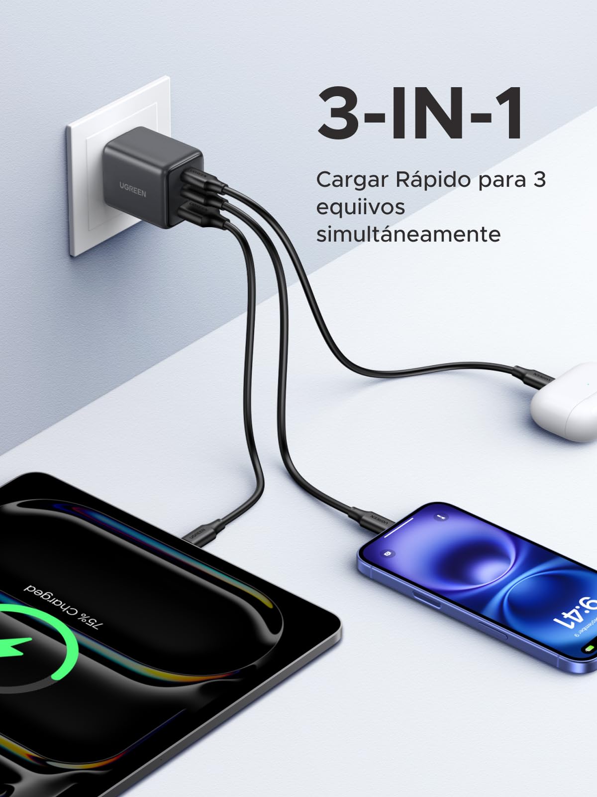 UGREEN 30W GAN Cargador Tipo USB C con 3 Puertos, Cubo de Carga Rápido Pared para Celular, 2C1A Compatible con Galaxy S25/S24, iPhone 16 15 14 Pro MAX, Macbook Air, iPad Pro, Negro