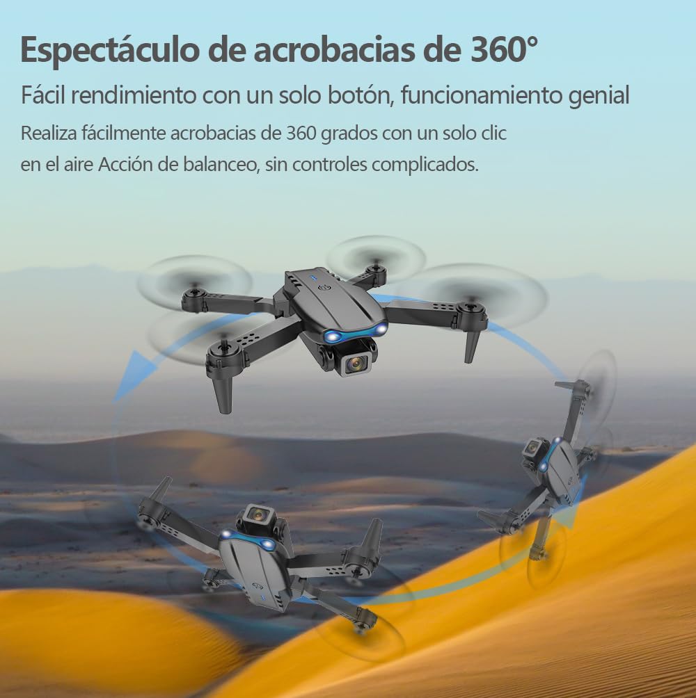 Dron con Cámara Dual, 360° Adjustable Eléctricamente Mini Drone para Principiantes, Drones con Cámara RC FPV WIFI 4k Cuadricóptero, Vuelo por Puntos de Referencia, Auto-Seguimiento, Giro 3D, Inicio con una Tecla, 3 Velocidades, 4 Baterías y Bolsa Portátil
