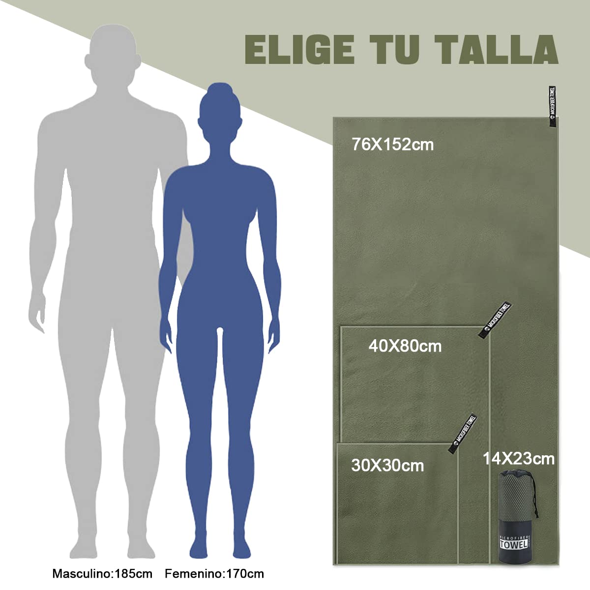 Toalla Deportiva, EASYTAO Toalla Microfibra 3PCS, Toalla Gym Suave y Ligero para Natacion, Deporte, Baño, Viajes, Yoga, Etc, con Una Bolsa, 3 Tallas (76 * 152cm+40 * 80cm+30 * 30cm, Verde Militar)