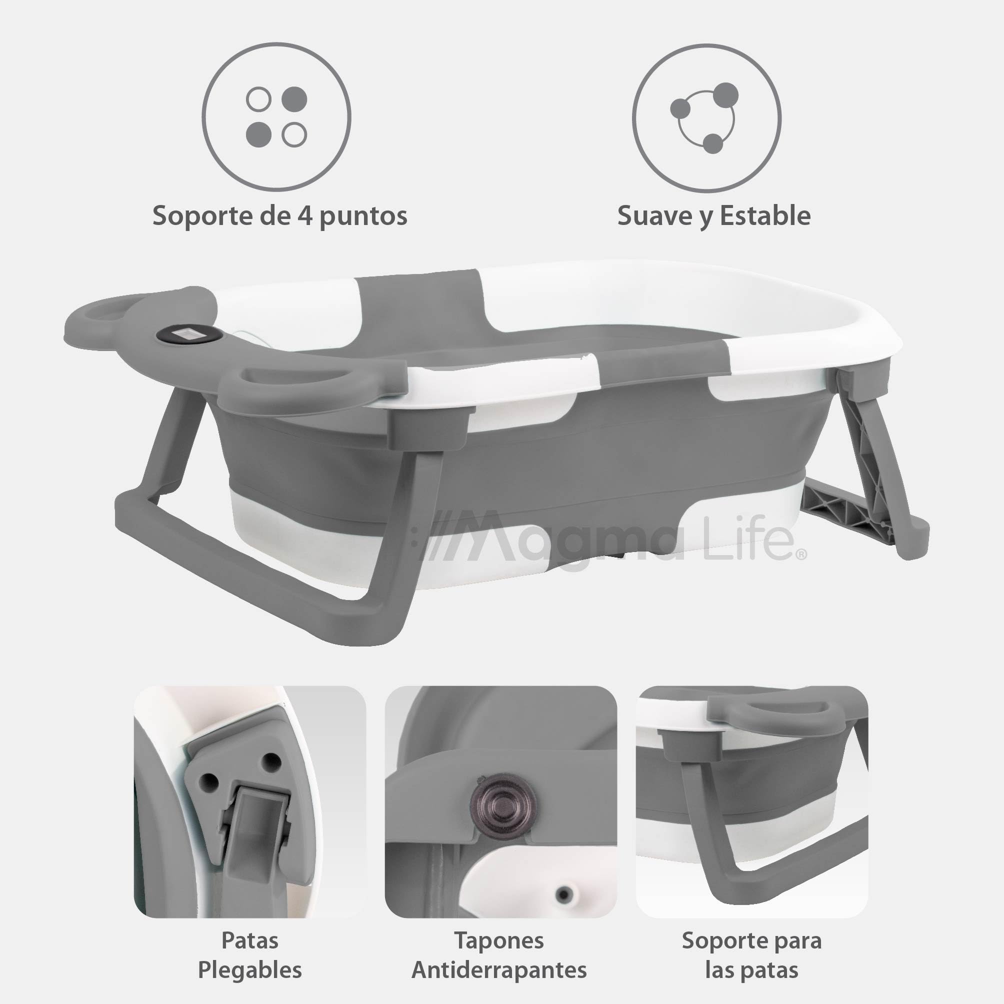 Bebbly Bañera para Bebé: Moderna Tina de Baño Plegable para Bebé, con Sensor de Temperatura y Cojín Antideslizante, Segura para Bebé Recién Nacido a 12 meses. ¡Garantiza Tranquilidad y Practicidad para tu Bebé! (Gris)