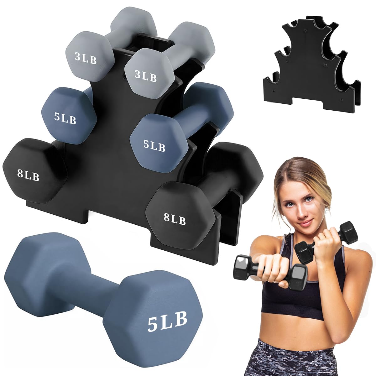 Raganet, Set de Mancuernas de 6 Piezas con Base, Pesos de 8, 5 y 3 Libras, Color Gris Elegante, Ideal para Entrenamiento en Casa y Gimnasio