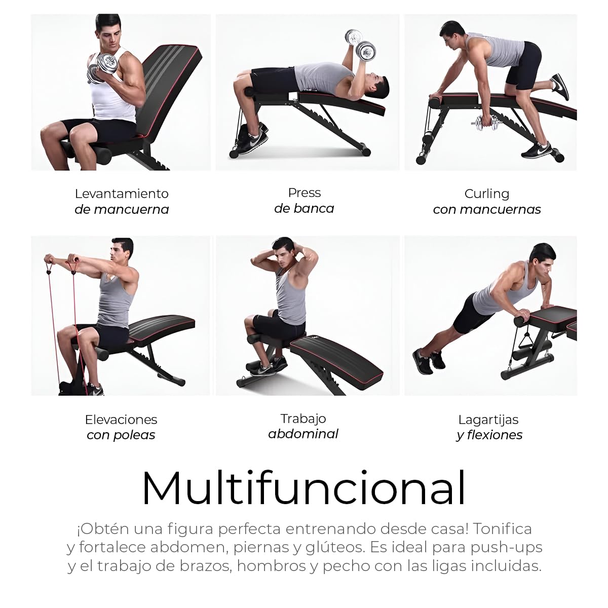 Raganet, Banco Fitness Multiposicion, Banco de Abdominales con 2 Ligas Incluidas, Asiento de Pesas Ajustable en 7 Posiciones, Soporta Hasta 250Kg, Negro
