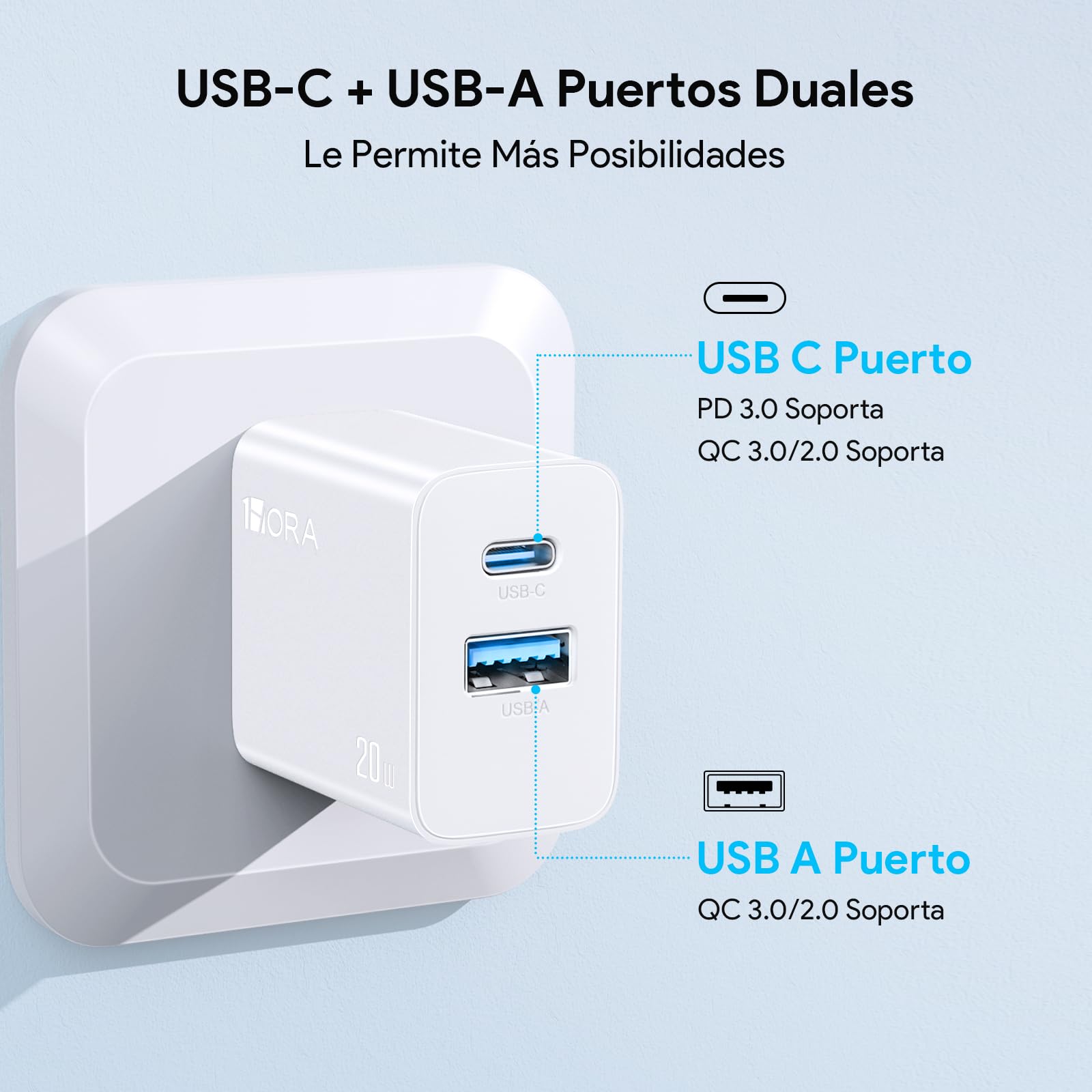 1 Hora 2 Paquete Cargador USB C Carga Rapida con Cable, 2 Puertos Cubo Cargador Tipo C PD 20W+USB A QC 18W para Celular, Compatible con IP 15 14 13 Pro MAX, Galaxy S24/S23/Note10, iPad Pro, Motorola