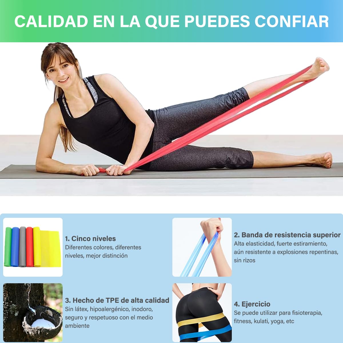 EASYTAO Bandas de Resistencia Multifuncionales – Pack de 5 Ligas Elásticas de Material TPE para Prevenir Alergias, Ideal para Ejercicios en Casa, Gimnasio, Pilates y Crossfit