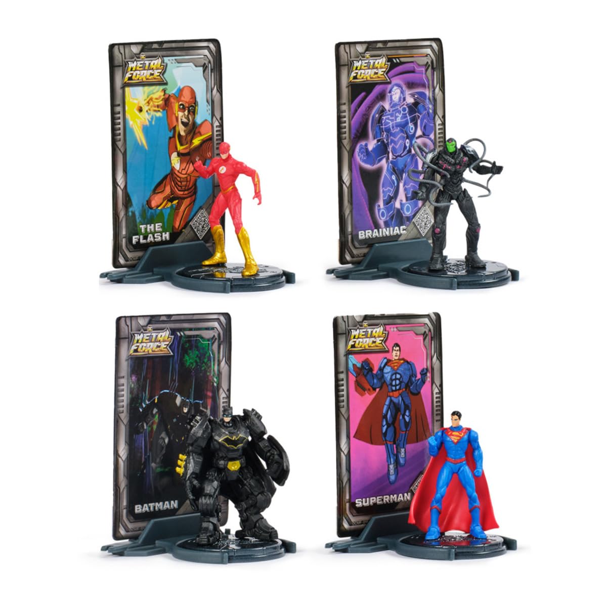 Pack de 4 Figuras coleccionables DC Comics (Brainiac vs. Batman, Superman y The Flash), Figuras de 5 cm, inéditas, con Tarjetas metálicas de coleccionista, para niños a Partir de 4 años.