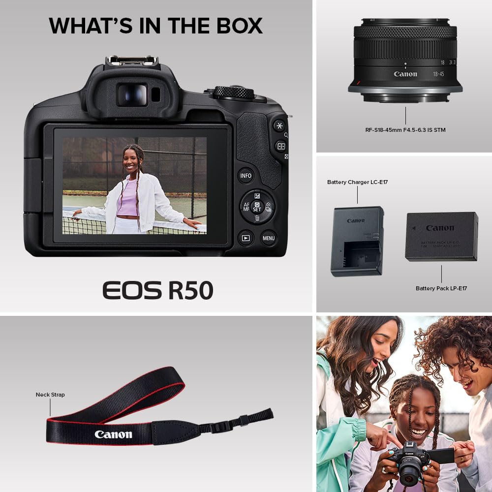 Canon EOS R50 Cámara de vlogging sin Espejo (Negro) con RF-S18-45mm F4.5-6.3 es Lente STM, 24.2 MP, Video 4K, detección y Seguimiento de Temas, Compacto, conexión de Smartphone, creador de Contenido