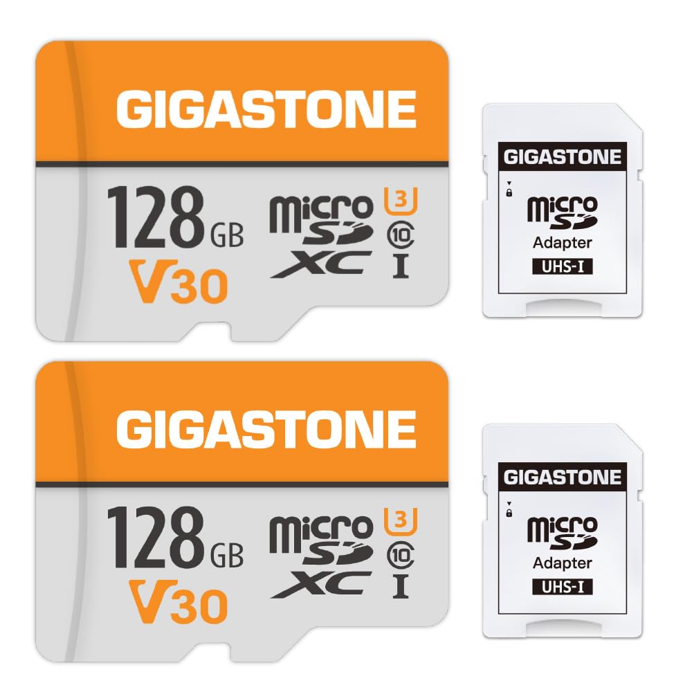 Gigastone Tarjeta de Memoria Micro SD 128 GB, Paquete de 2, Vídeo 4K UHD, Cámara de Vigilancia y Seguridad, Cámara de Acción, Drone Profesional, 95 MB/s Micro SDXC UHS-I A1 Clase 10