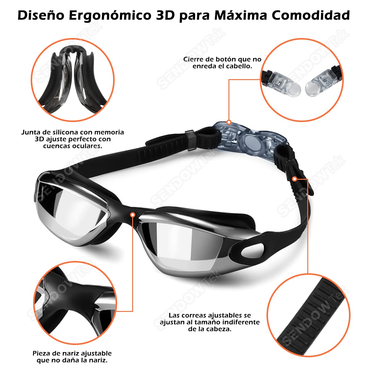 Sendowtek Gafas de Natación 5 en 1 Anteojos de Natación Incluye Gafas con Protección UV Lentes, Gorro de Natación, Auriculares y Clips para la Nariz, Bolsa de Natación para Hombres, Mujeres y Niños