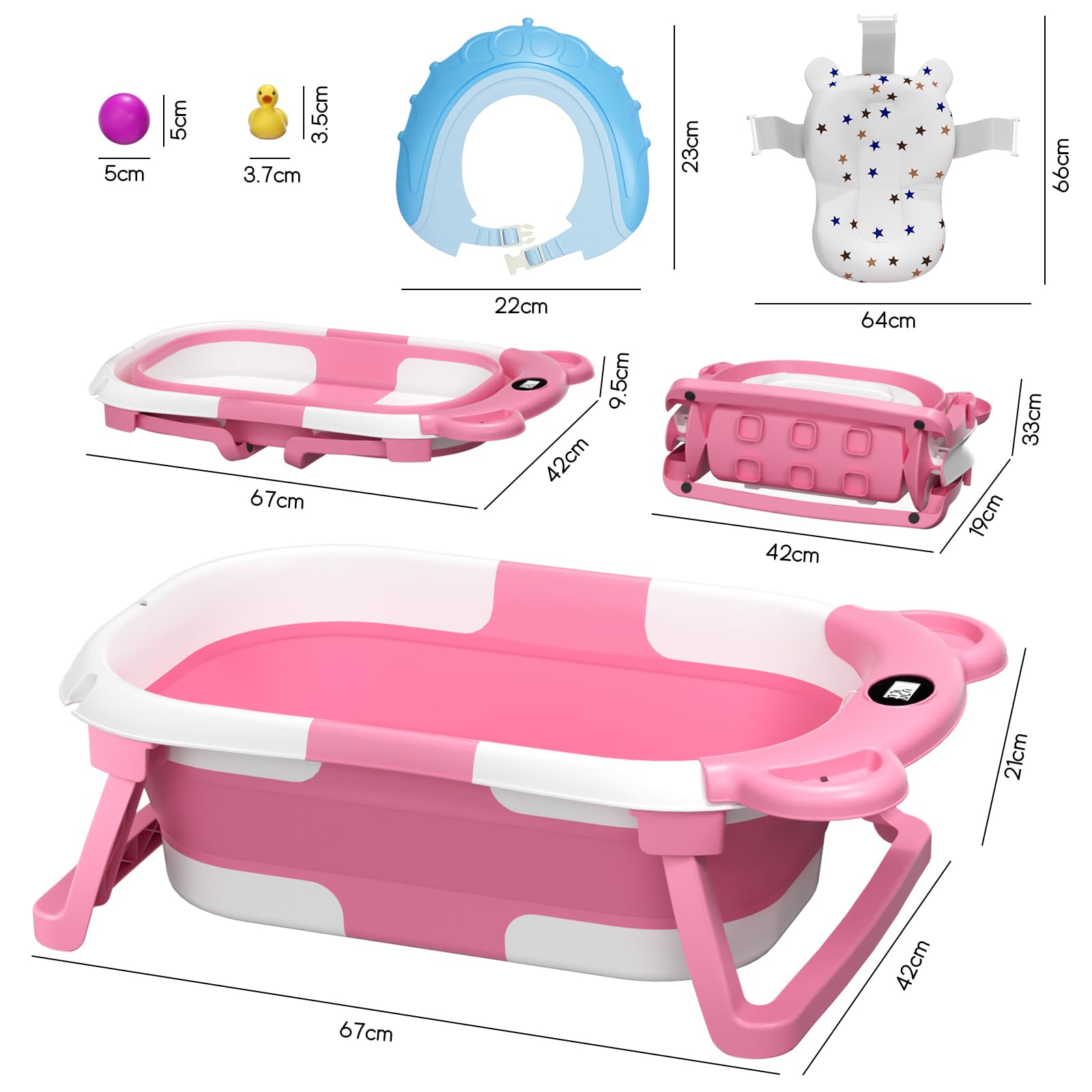 PERRYHOME Bañera Plegable para Niños, Tina con Sensor de Temperatura, Bañera Multifuncional con Orificio de Drenaje y Cojín, Regalo para Niño/Niña (Rosado)