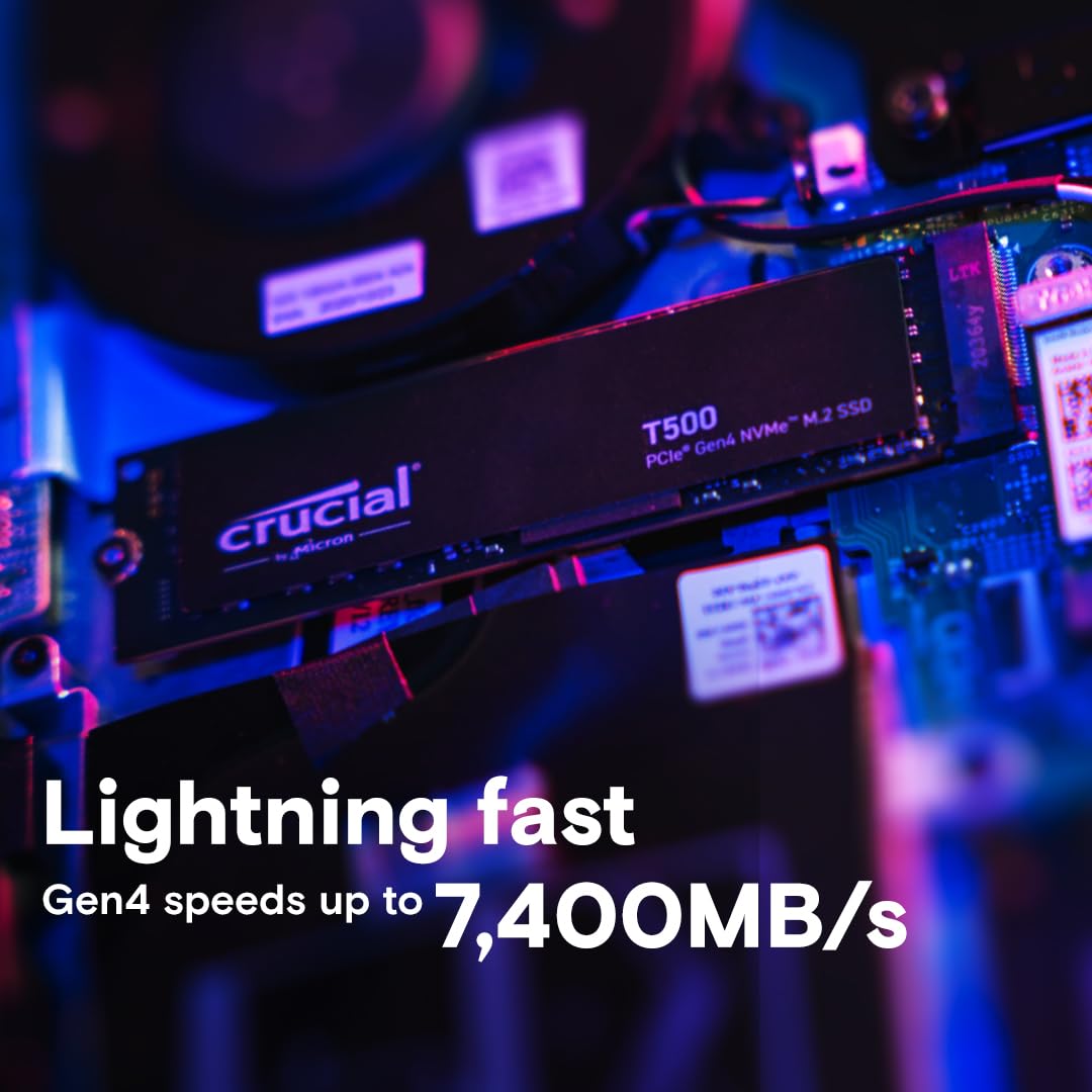 Crucial T500 1TB Gen4 NVMe M.2 SSD Interno para Juegos, hasta 7300 MB/s, Compatible con portátiles y Equipos de sobremesa + 1mo Adobe CC Todas Las Aplicaciones - CT1000T500SSD8