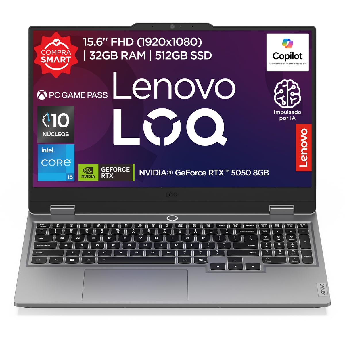 Lenovo Laptop Gamer LOQ RTX 5050|15.6" FHD Intel Core i5 |32GB RAM 512GB SSD| PC con IA | NVIDIA GeForce| Teclado Retroiluminado, Windows 11 Home