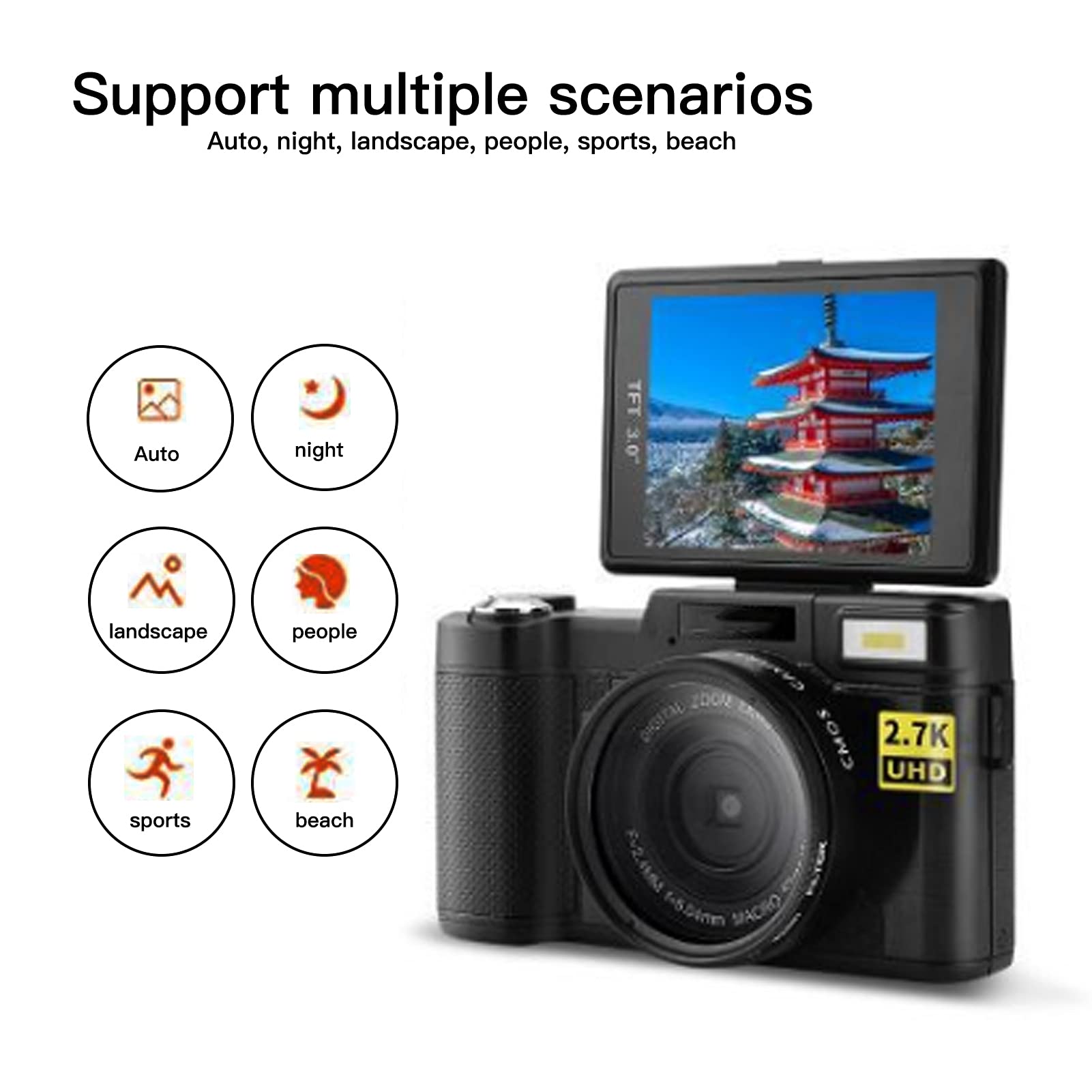 S erounder Cámara Digital SLR, Cámara Vlogging Full HD 2.7K, con Una Pantalla LCD Giratoria de 180 Grados y Giratoria de 3.0 Pulgadas, Cámara HD con Zoom de 48MP, Puerto USB, Batería de 800mAh