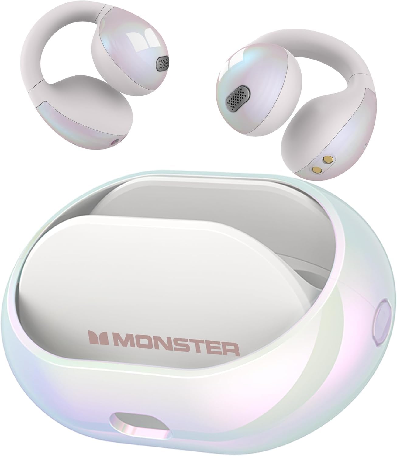 Monster Open Ear AC600, Bluetooth 5.4 Audífonos Inalámbricos Deportivos con Estéreo HiFi, Auriculares Abiertos con Llamadas Claras ENC, Tiempo de Reproducción 21H, Deportivos Impermeables IPX6(Blanco)