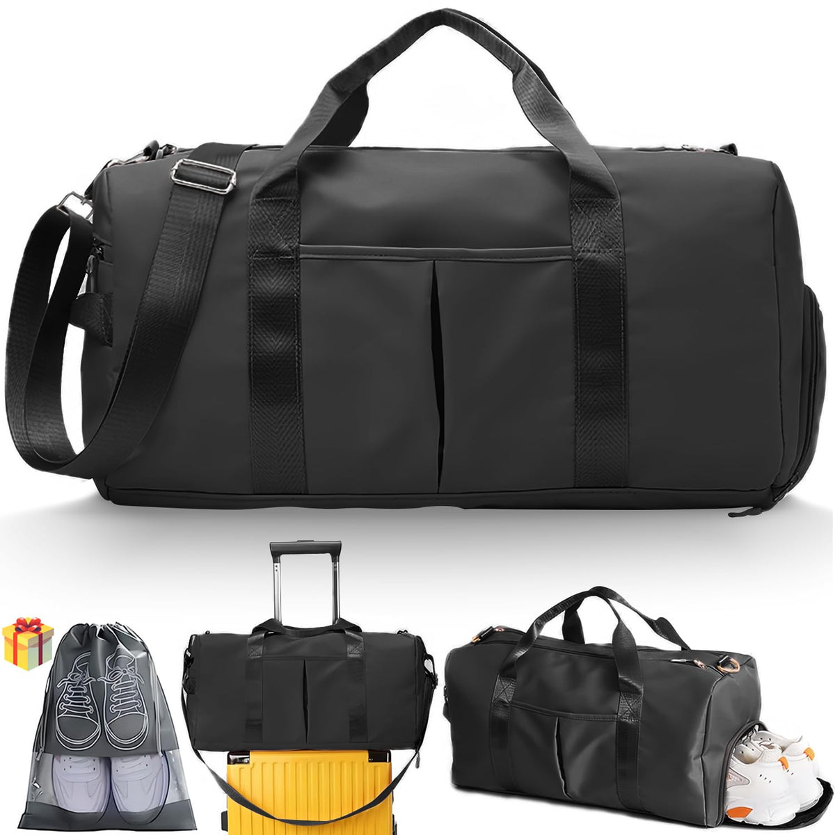 Dry Wet Bolsa de gimnasio deportiva con bolsillo separado, bolsa de lona con compartimento para zapatos, bolsa de viaje, entrenamiento, natación, yoga para mujeres y hombres (negro)