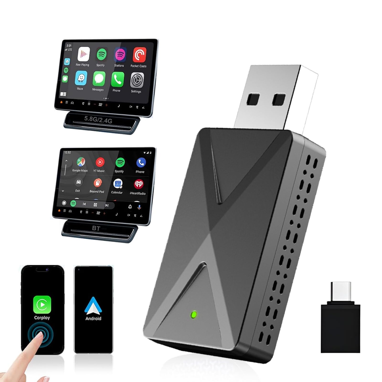 WZZLNDKS Adaptador Inalámbrico CarPlay con 5.8GHz WiFi, Adaptador Android Auto, Convierte CarPlay con Cable a Inalámbrico, Conexión Plug & Play, para iOS 10+, Android 11+, Connect Estable para Auto