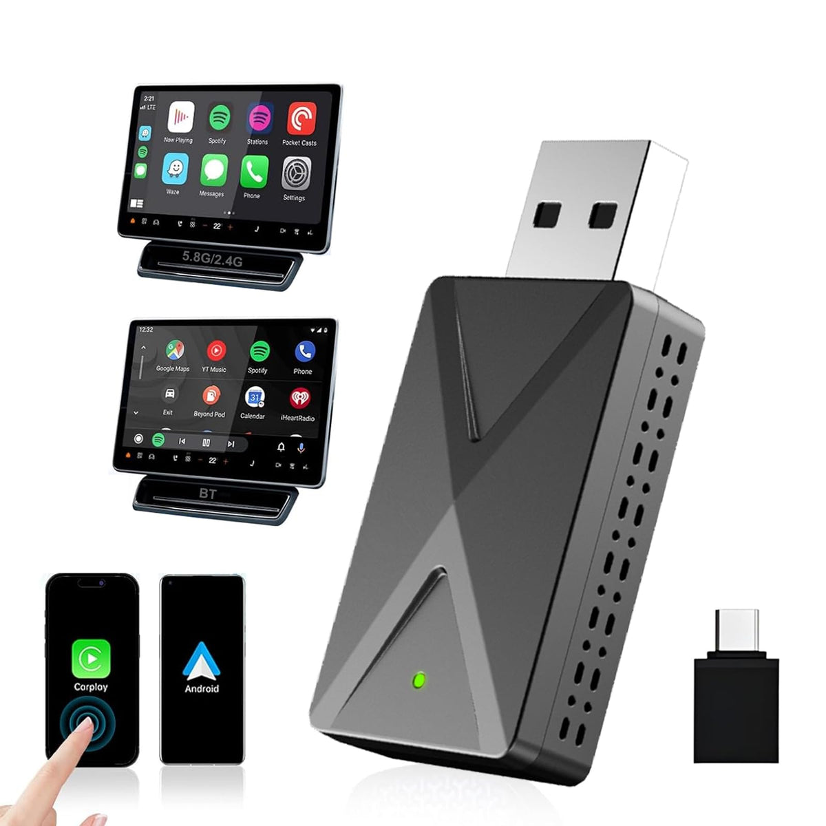 WZZLNDKS Adaptador Inalámbrico CarPlay con 5.8GHz WiFi, Adaptador Android Auto, Convierte CarPlay con Cable a Inalámbrico, Conexión Plug & Play, para iOS 10+, Android 11+, Connect Estable para Auto