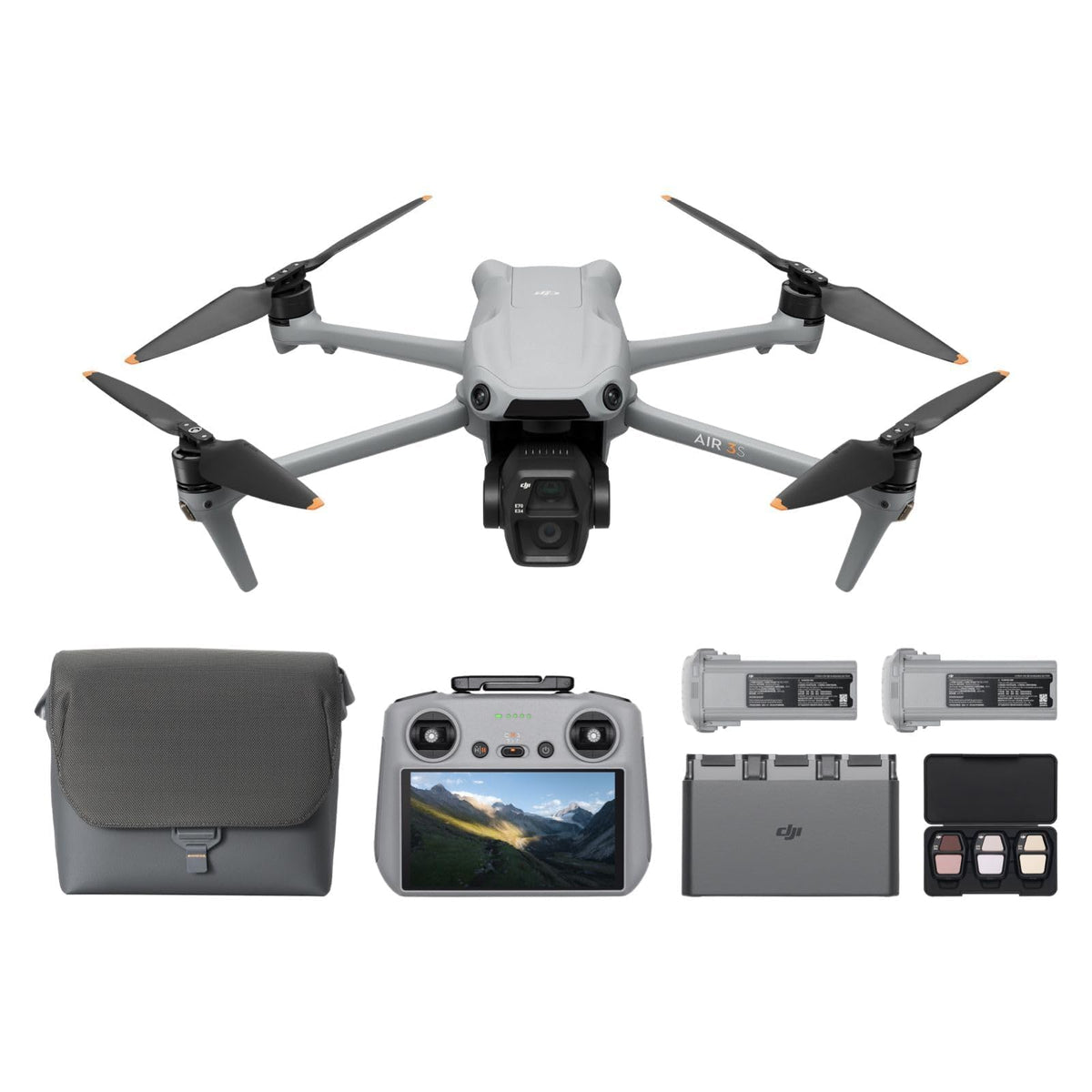 Pack DJI Air 3S Vuela Más (control remoto con pantalla RC 2), dron gran angular con CMOS 1" y telecámara media, 4K/60 fps, detección de obstáculos omnidireccional y 3 baterías para volar más