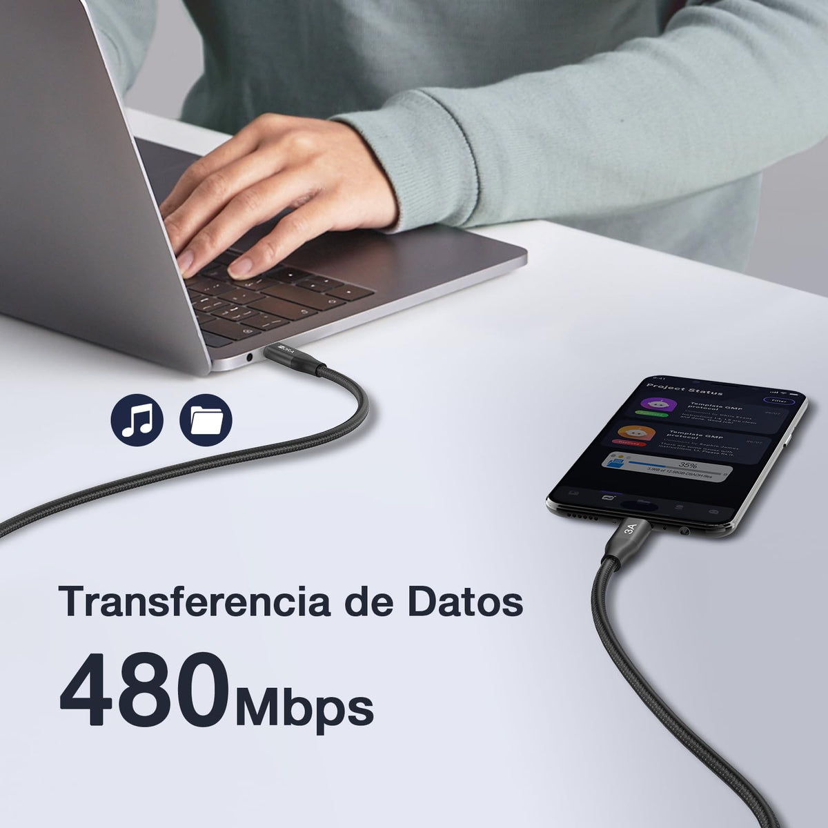 1 Hora 2 Paquete Cable Tipo C Carga Rapida 2M, 3A 60W Cable USB C, Nylon Trenzado, Cable Tipo C a USB C Compatible con iP15, Samsung Galaxy S24 S23 S22, iPad Pro 2021, Airpods, Macbook Air