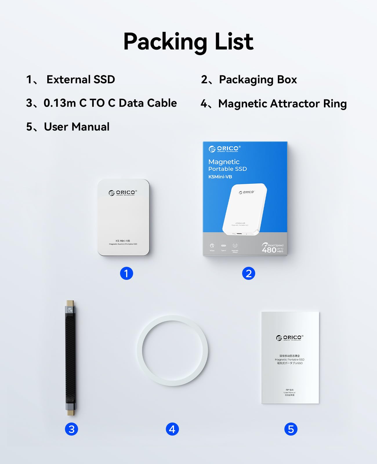 ORICO SSD Externo Magnético de 480GB, Aleación de Aluminio, hasta 460MB/s, Amplía el Almacenamiento para iPhone 17 Pro MAX, Compatible con MagSafe, Smartphones USB-C - K5MINI Plata