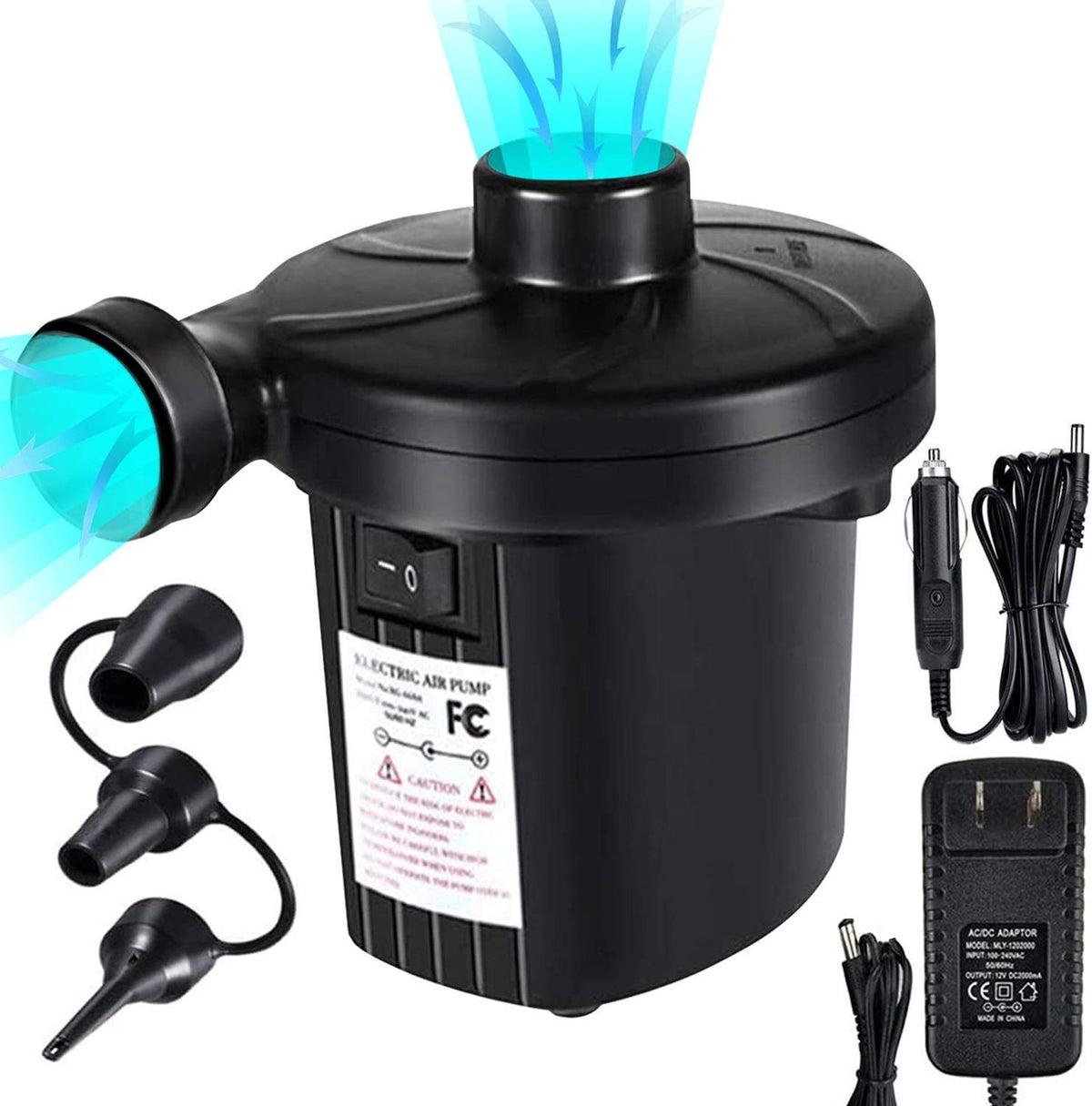 TBONEEY Bomba de Aire Eléctrico, Inflador Eléctrica Incluyendo 3 en 1 Deflación Automática y Bombeo Rápido adaptadores de Boquilla para Bolsas al Vacío, Colchón Hinchable, Juguetes Hinchable
