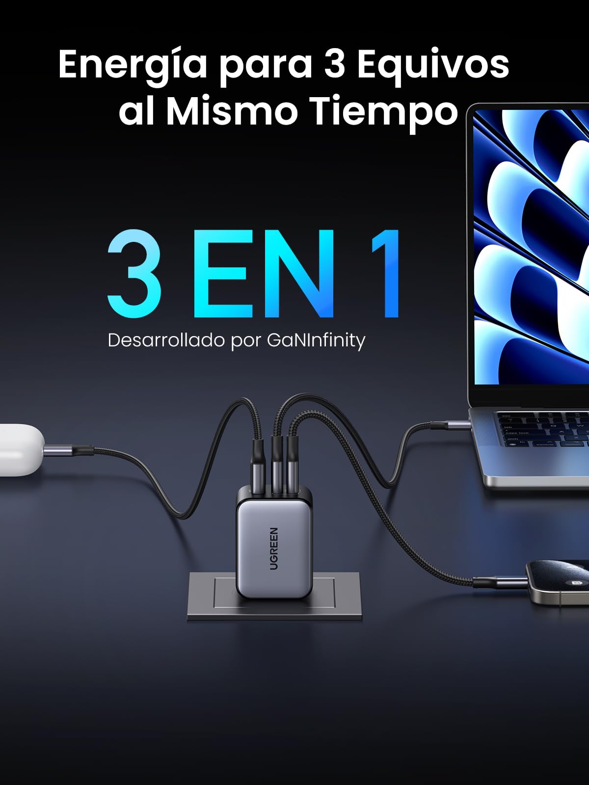 UGREEN Nexode X Serie 65W Cargador Tipo C, 3 Puertos Mini GAN PPS, Phone Charger Carga Raida Compatible con Galaxy S24/S23, MacBook Pro/Air M2, Pixelbook, DELL XPS, iPhone 16 Pro Max/15/14