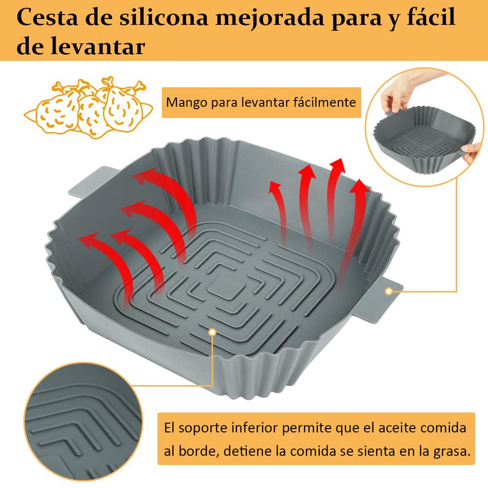 Ausein Paquete de 2 de Silicona para Freidora de Aire, Accesorios Silicon para Air Fryer Reutilizable Antiadherente, Resistente al Calor, Olla Silicona para Freidora, Horno, Microondas (Gris)