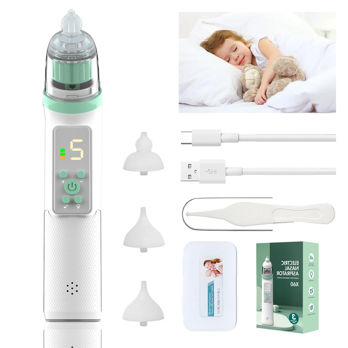 Limpiador Nasal Eléctrico, Extractor de Mocos para con carga USB, Succionador de mocos con 3 cabezales de silicona y espalda, 5 niveles de succión ajustable (Regular)