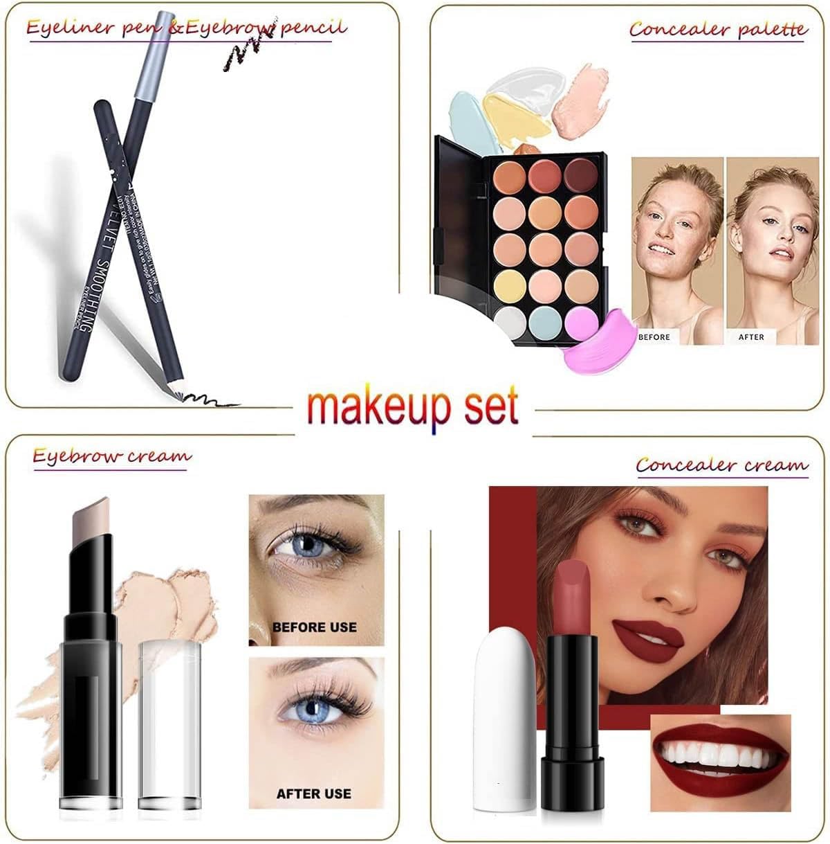 Kit Maquillaje para Mujer, Paquete de Inicio Esencial que Incluye Paleta de Sombras de Ojos, Juego de Brillo, Rubor, Base, Lápiz de Cejas, Incluye Juego de Brochas de Maquillaje (24 PCS)