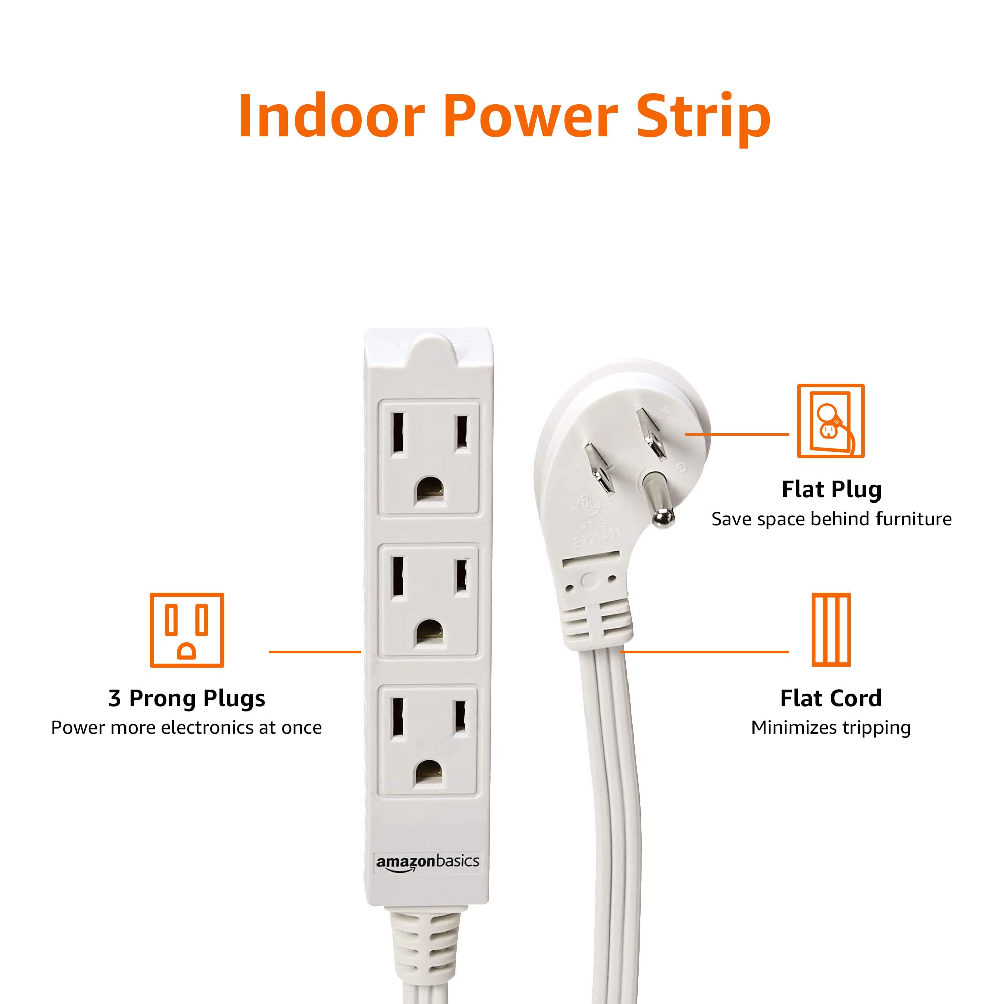 Amazon Basics Regleta rectangular para interiores, cable de extensión de 1.8 m, 3 clavijas, enchufe plano, de conexión a tierra, 13 amperios, 1625 vatios, 125 VCA, paquete de 2, color blanco