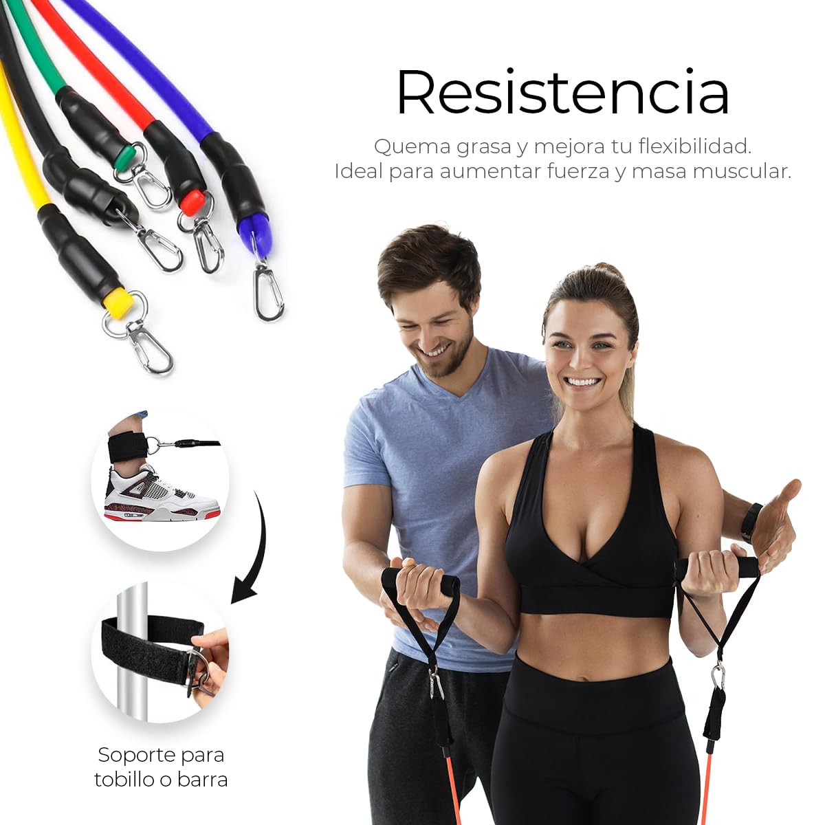 Raganet, Juego de Bandas de Resistencia de 11 Piezas, Incluye 5 Bandas Apilables para Ejercicios con Asas, Bolsa de Transporte, Correas para Tobillo y Accesorio de Anclaje para Puerta