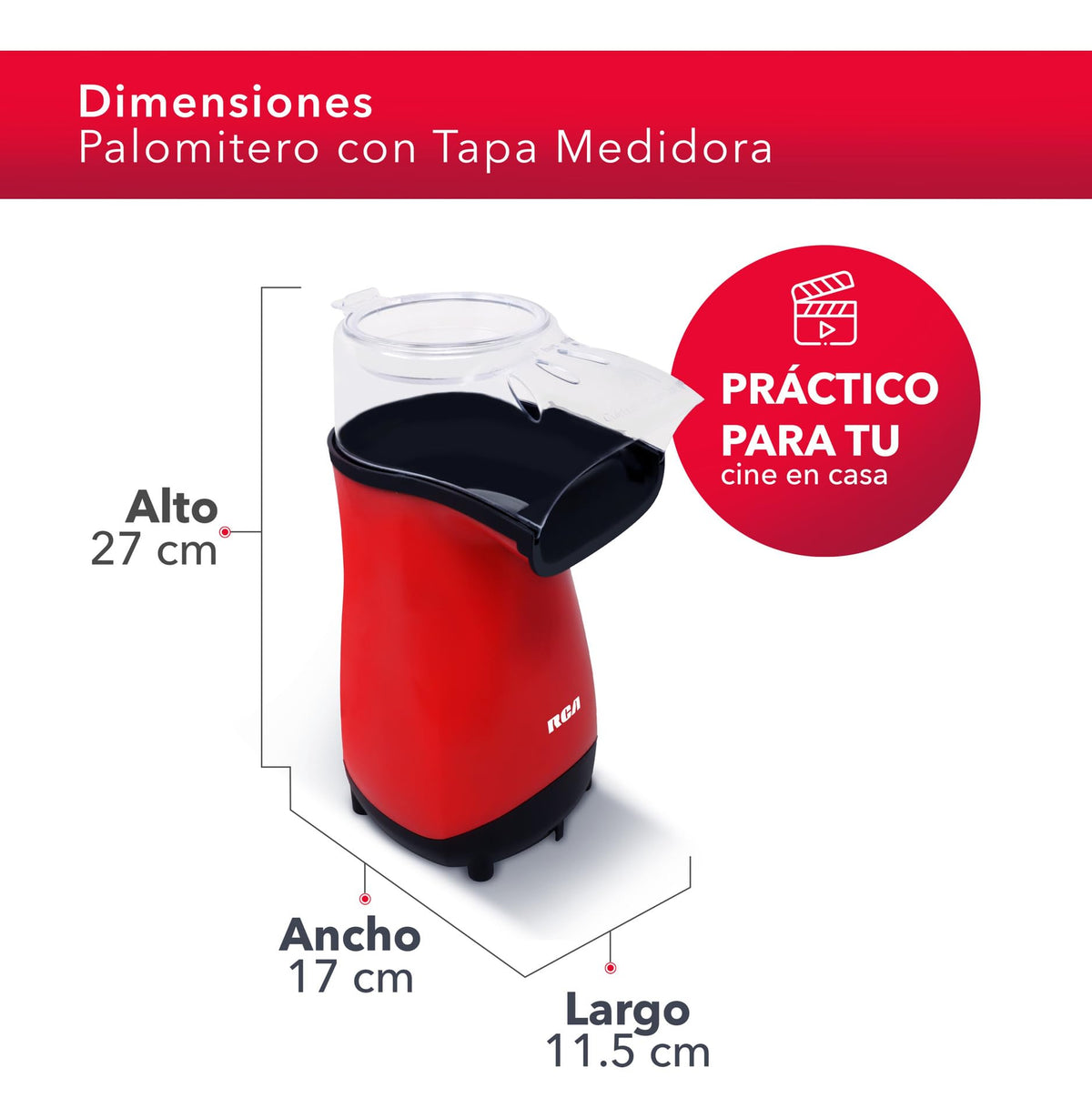 RCA Palomitero RC-1025, Tapa Medidora Incluida Estilo Compacto y Eléctrico, Funciona con Aire Caliente, Capacidad de 70 gr, Luz Indicadora, Ideal para Fiestas y Cine en Casa, Color Rojo y Negro