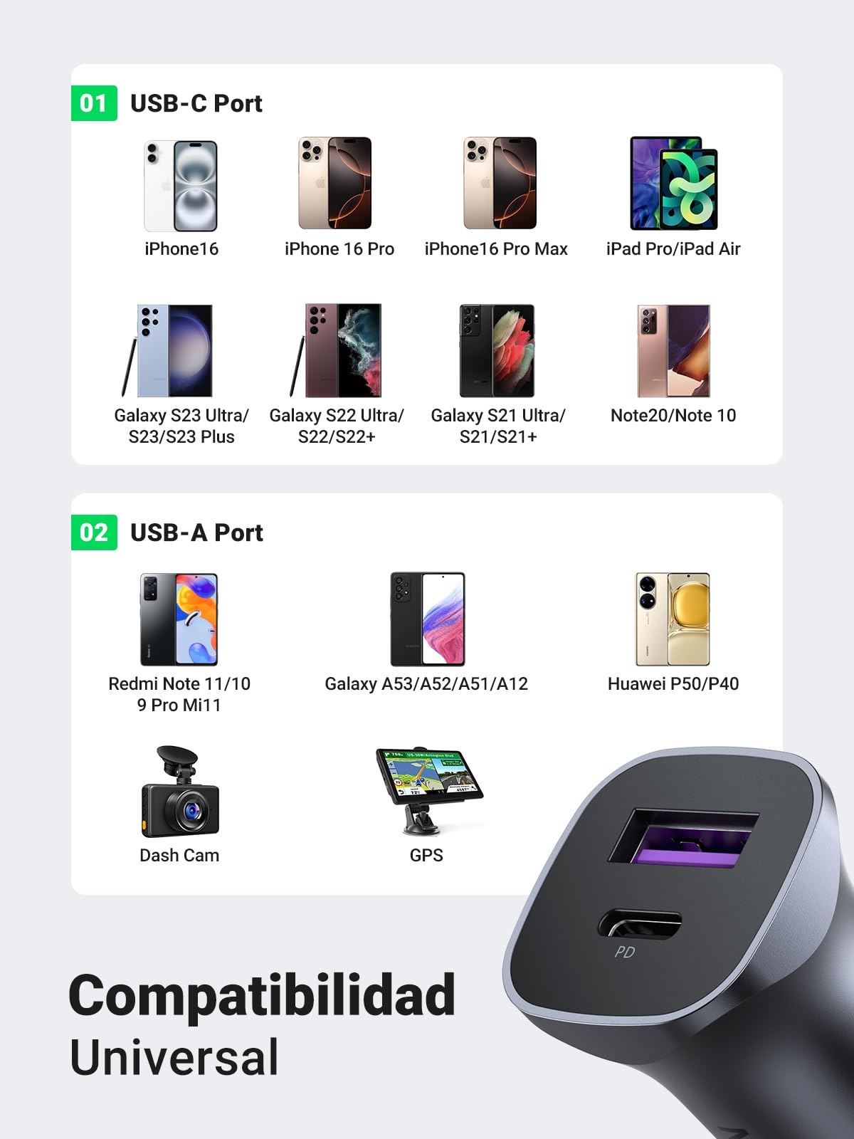 UGREEN 30W USB C Cargador Auto Carga Rápida, 2 Puertos Adaptador de Coche Tipo C y QC 3.0 de Aluminio Quick Charger Compatible con iPhone 16/15/14/13/12 Pro MAX, iPad Pro/Air, Galaxy S25/S24/S23/S22