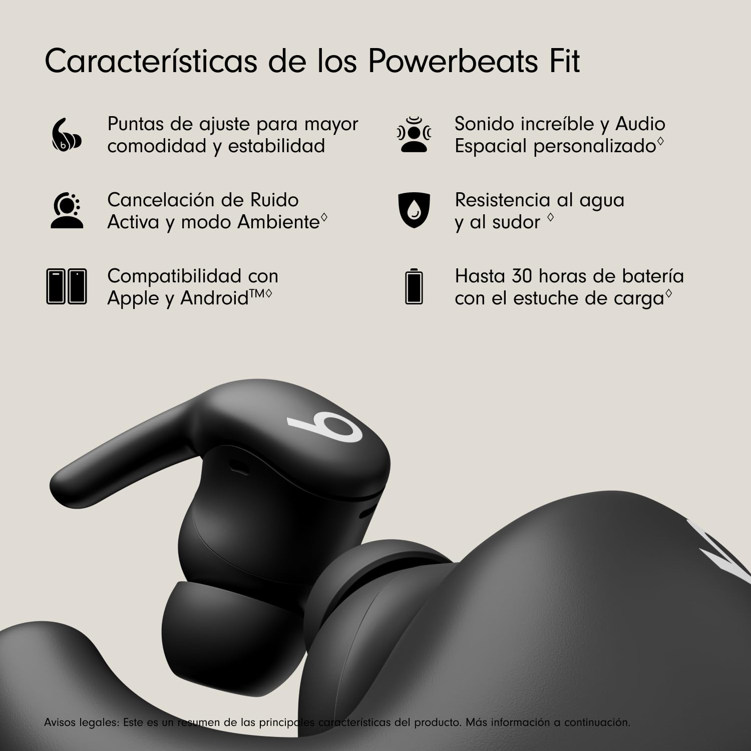 Beats - Powerbeats Fit - Audífonos inalámbricos para Entrenamiento con cancelación de Ruido, IPX4, hasta 30 Horas de batería con el Estuche de Carga, compatibles con Apple y Android - Negro Azabache
