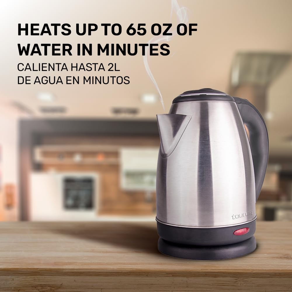 Taurus CARONTE | Hervidor Eléctrico | Jarra Inalámbrica | 2 Litros | 1000 W | Acero Inoxidable | Resistente | Hierve en minutos | Base removible | Apagado automático