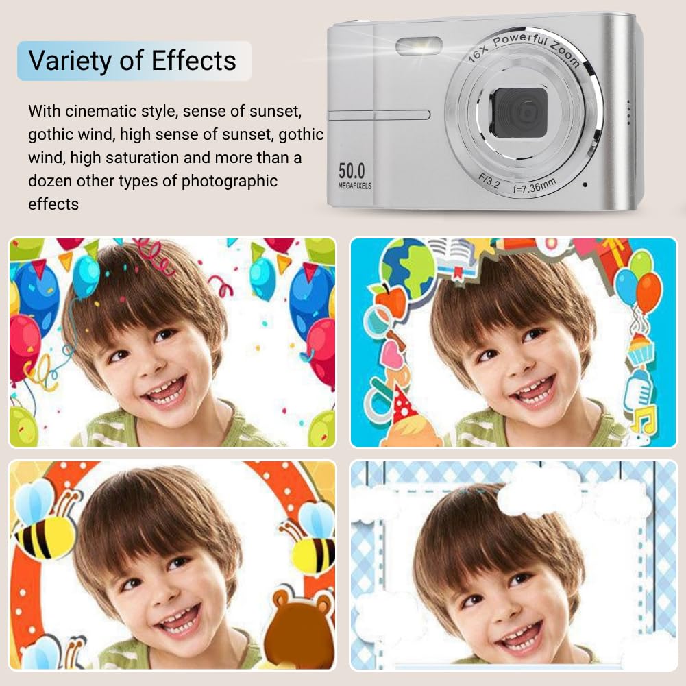 ASHATA Cámara Digital, Cámara de Vlogging FHD 1080P con Enfoque Automático, Cámara Digital con Zoom Digital de 50MP 16X, Cámara Compacta Portátil AF Pantalla de 2,4 Pulgadas para (Silver)