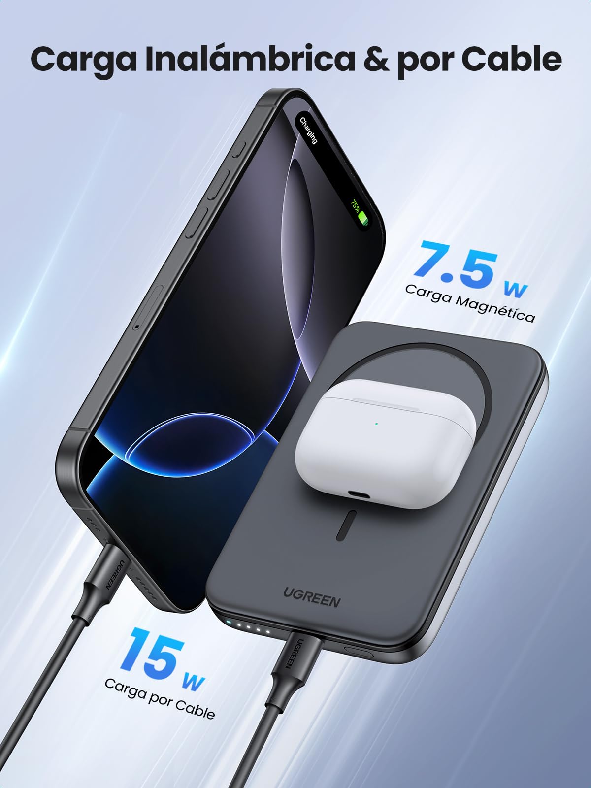 UGREEN 5000mAh Power Bank Inalámbrico 15W, USB C Cargador Portátil Magnético Carga Rápida, Powerbank Batería Externa Compatible con iPhone 16/15/14 Series, Galaxy, Xiaomi, iPad, Negro