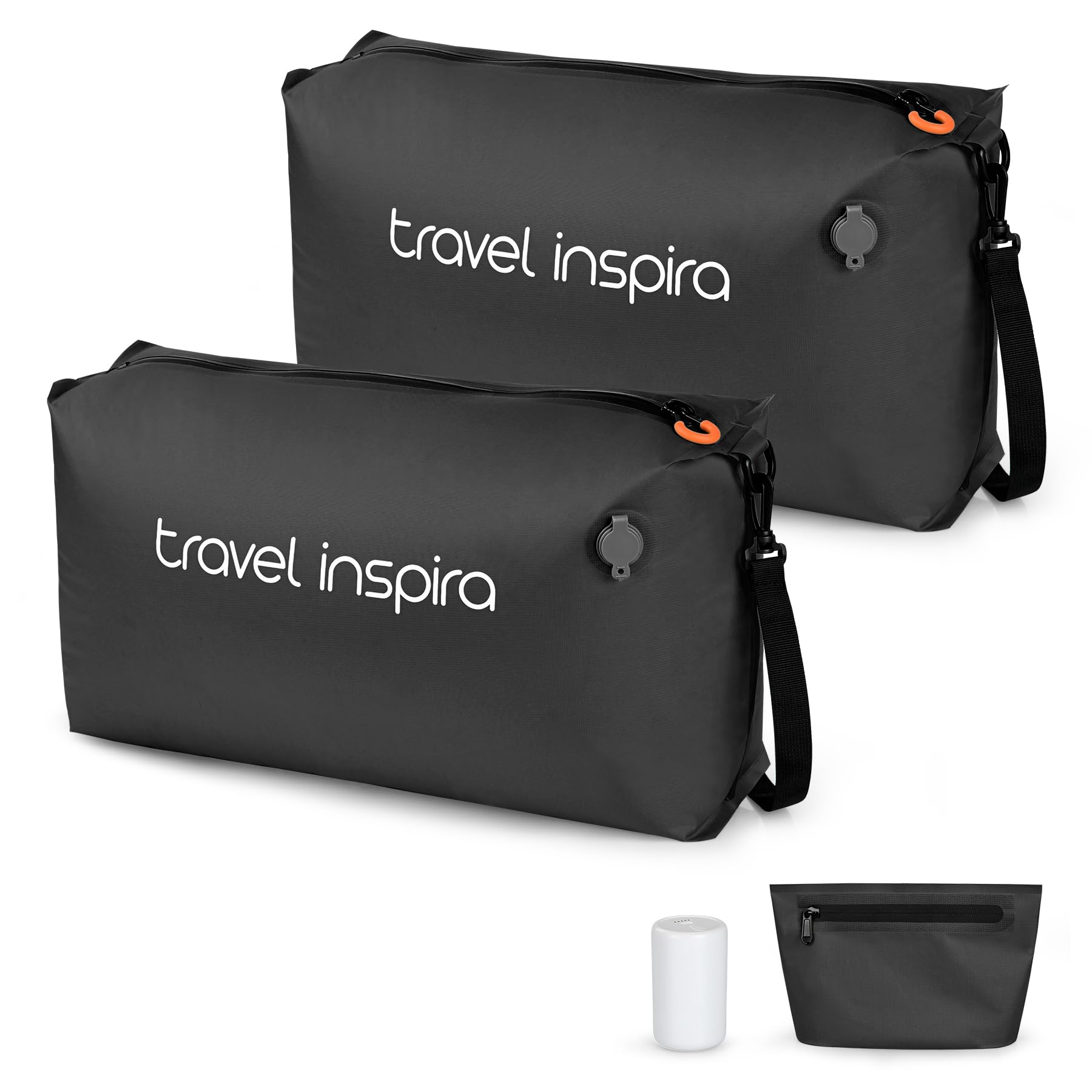 Travel Inspira Set de 2 Bolsas de Vacío para Viaje con Bomba Eléctrica, Organizador 3 en 1 Impermeable IP67 y Correa Ajustable, Ahorra Espacio en Maleta y Mochila, 22L (Negro 2 Pieza + Bomba)