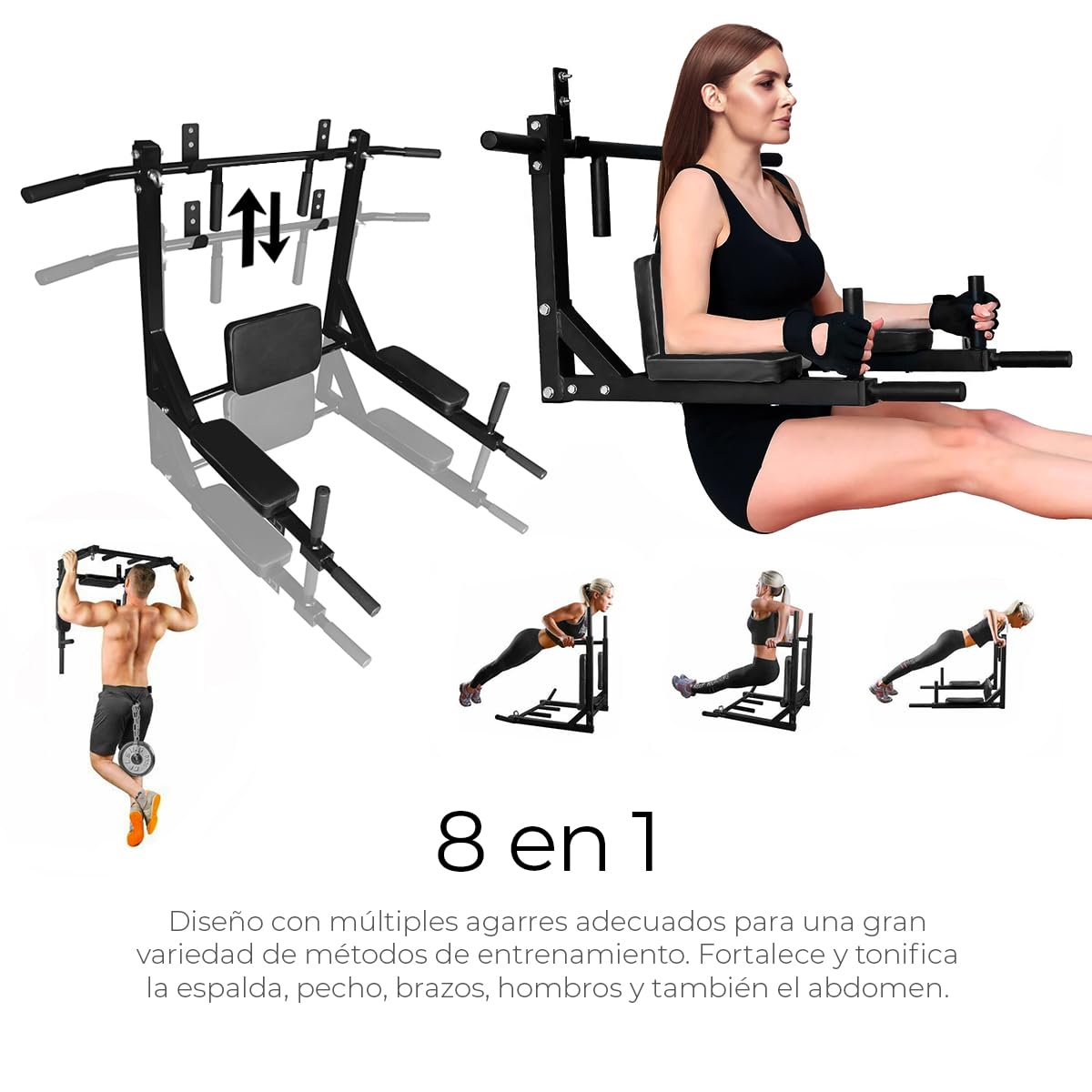 Raganet, Barra de Dominadas, Home Gym 8 Ejercicios En 1, Soporta 400kg, Gimnasio en Casa, Fortalece Espalda Brazos y Mas, para Pared y Piso, Uso Rudo Fácil Instalación (Negro)