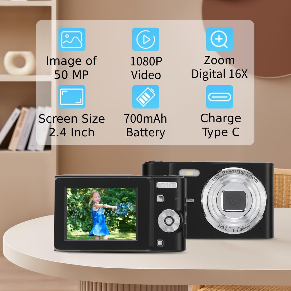 ASHATA Cámara Digital, Cámara de Vlogging FHD 1080P con Enfoque Automático, Cámara Digital con Zoom Digital de 50MP 16X, Cámara Compacta Portátil AF Pantalla de 2,4 Pulgadas para (Black)