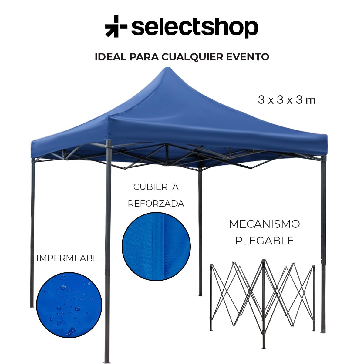 SELECTSHOP Carpa Toldo 3x3M Reforzado Plegable Impermeable Facil Armado Y Transporte para Jardín Casa Exterior Uso Rudo Acero Lona (Azul)