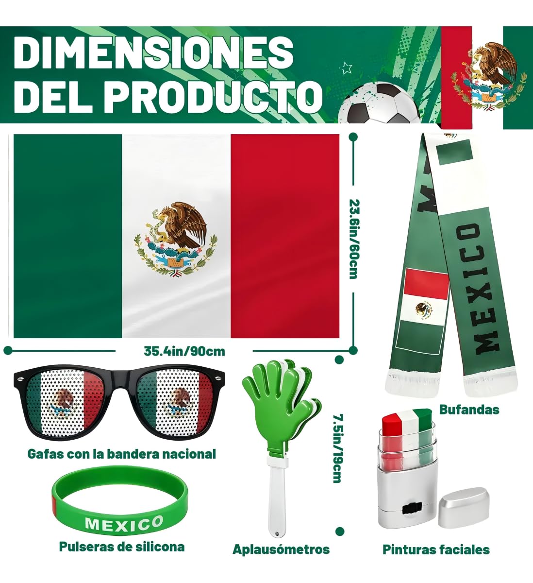 Cyxenova Kit de Animador México 6 en 1 - Incluye Bandera (95 * 64 cm), Bufanda, Matraca Ruidosa, Pintura Facial, Lentes y Pulsera - Accesorios de Fútbol para Celebración 2026 - Orgullo Mexicano