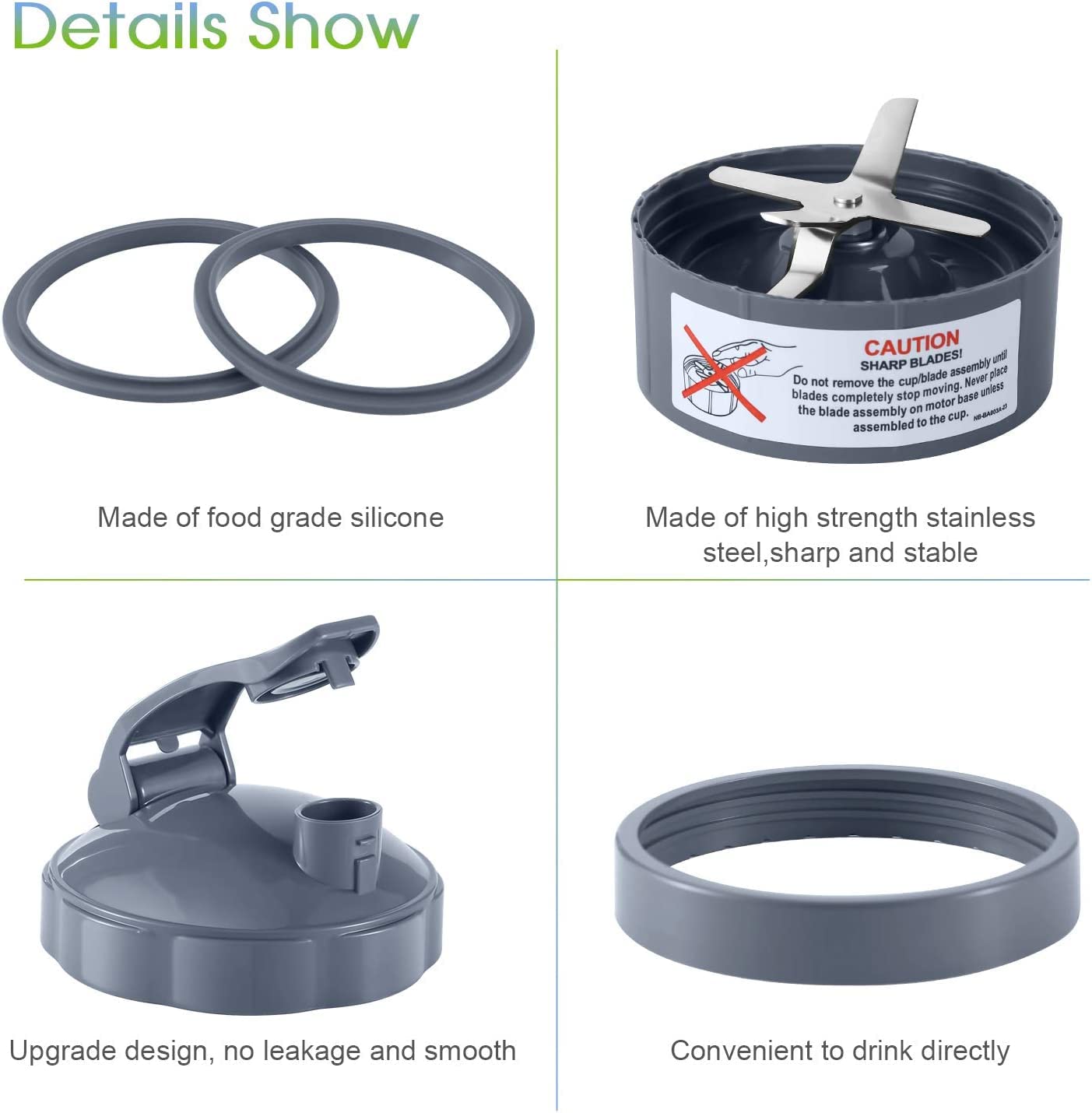 Juego de repuesto de vasos de licuadora y cuchilla, 7 piezas, 946 ml, 1 tapa abatible, 1 anillo de tapa y hoja extractora con 2 juntas de goma, compatible con licuadora NutriBullet de 600 W/900 W