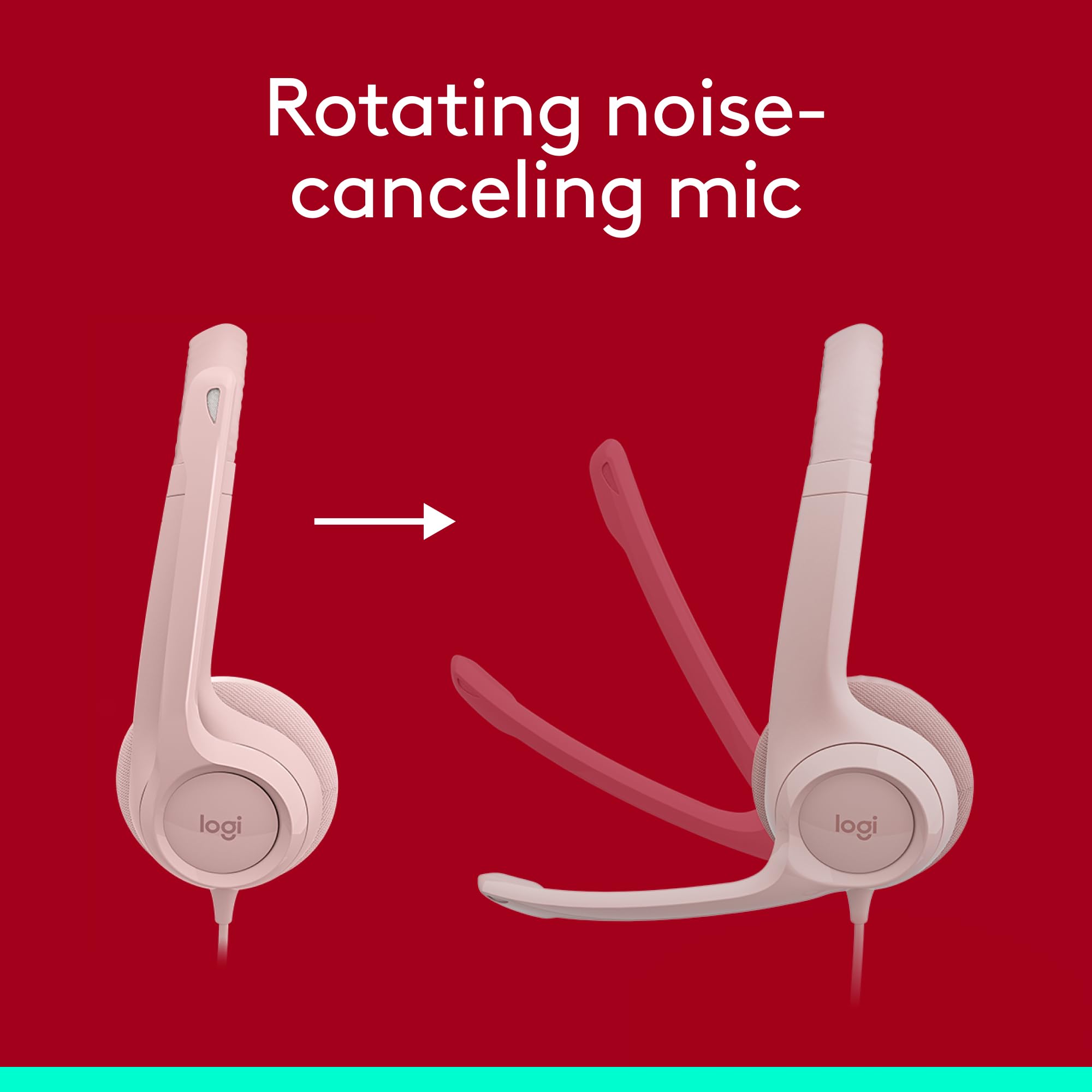 Logitech H390 Headsets con Cable para PC/Laptop, Auriculares estéreo con micrófono y cancelación de Ruido, USB-A, Controles directos, Funciona con Chromebook - Rosa