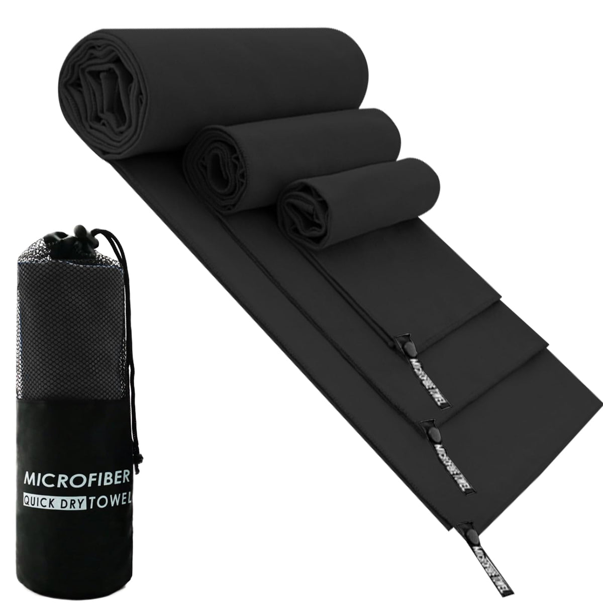 DQST Toalla Microfibra Secado Rápido 3 Pack, Toalla de Viaje Ligera y Portatil, Toalla Deportiva para Playa, Natación, Yoga, Gimnasio, Camping, Senderismo, ect (Negro, 76 * 152cm+40 * 80cm+30 * 30cm)