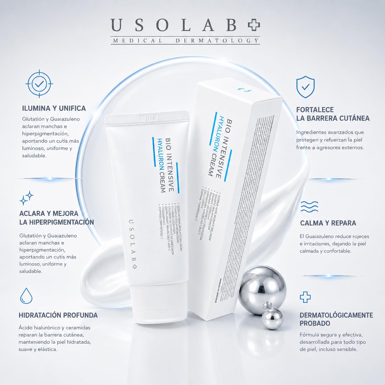 USOLAB Crema Hidratante Coreana Bio Intensive Hyaluron con Ácido Hialurónico y Péptidos para Mejorar Elasticidad, Reducir Líneas de Expresión y Iluminar la Piel 50ml